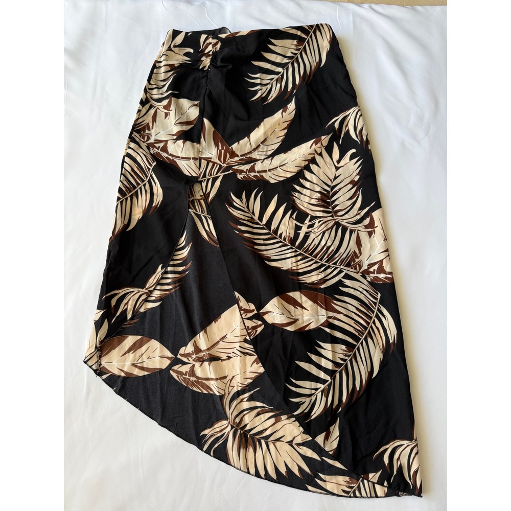 Black Tropical Leaf High Low Tulip Skirt Womens Medium Ruched Summer Midi